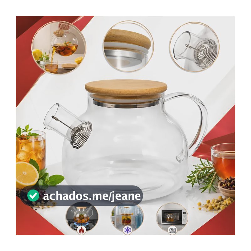 Chaleira De Vidro Com Infusor 1l Tampa Bambu Borossilicato