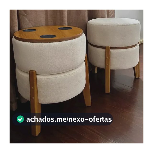 Pufe Mesa Tecido Bouclê 45x38cm Porta Copos Estofado Redondo Bouclê Cru Porta Copos