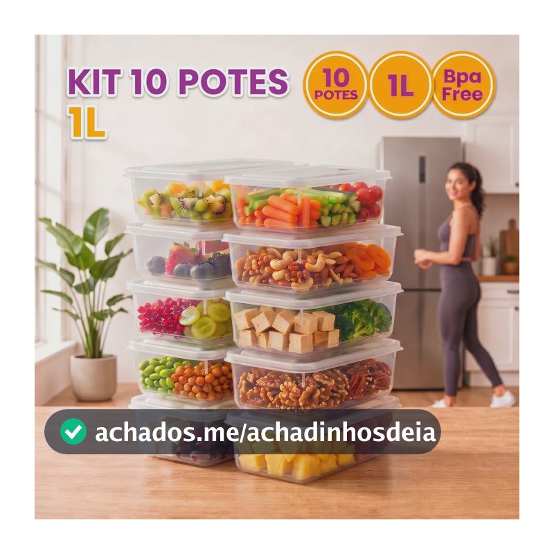 Kit 10 Potes 1 Litro Transparente Marmita Fitness Bpa Free Tampa Hermética Reutilizável Micro E Freezer Mantimentos ponte lar utilidades