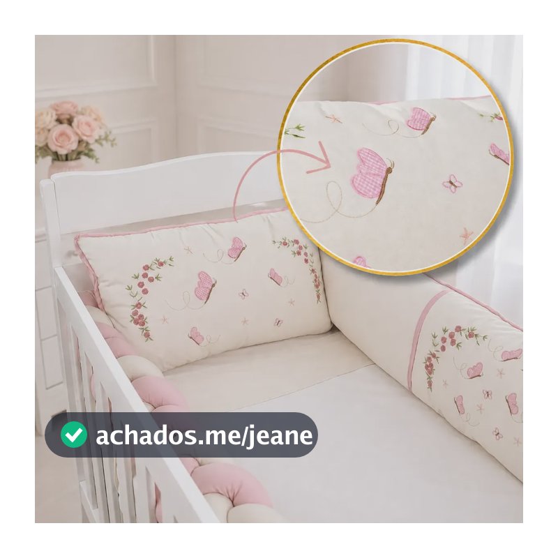 Kit Berço Le Petit Flores Bordadas 200 Fios Algodão Flores Bordadas Palha E Rosa