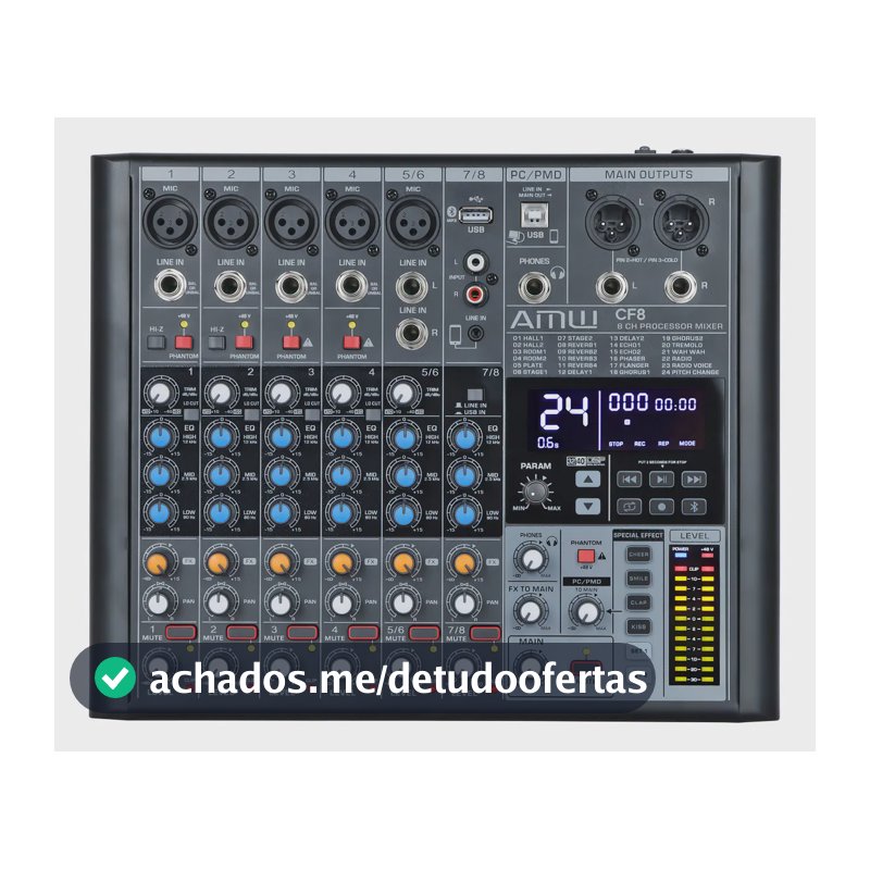 Mesa de Som AMW CF8 8 Canais USB Bluetooth com Efeitos e Phantom Power