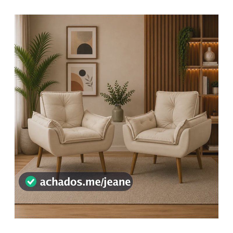 Kit 2 Poltronas Confortável Pés Madeira Para Salas Bege Suede