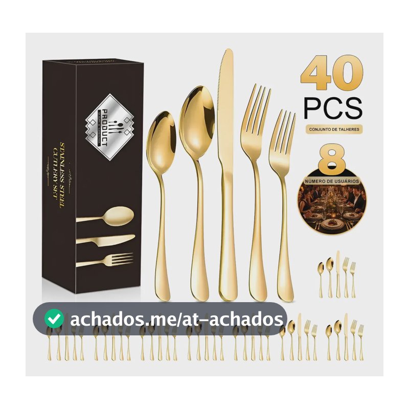Jogo 40 Peças Conjunto Talheres Inox Faqueiro Dourado Ouro