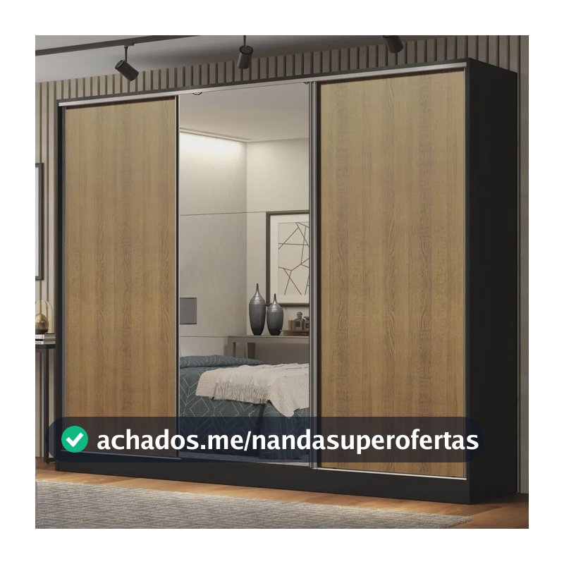 Guarda Roupa Casal Mdf Madesa Royale Correr C Espelho Pr Cor Preto/Rustic 106209