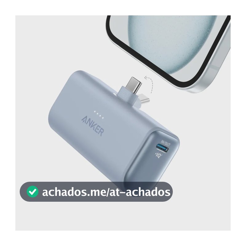 Carregador Portátil Anker Power Bank Pocket 5.000mAh 22.5W Conector USB-C Embutido Dobrável, Carga Turbo PowerIQ 3.0, Com Cabo USB-C 0,6m, iPhone 17/16/15, Samsung Galaxy, Xiaomi, Motorola, Azul