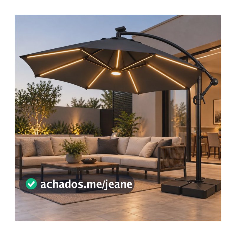 Ombrelone 3m Led Guarda Sol De Praia Jardim Lateral Com Base Preto Lisa