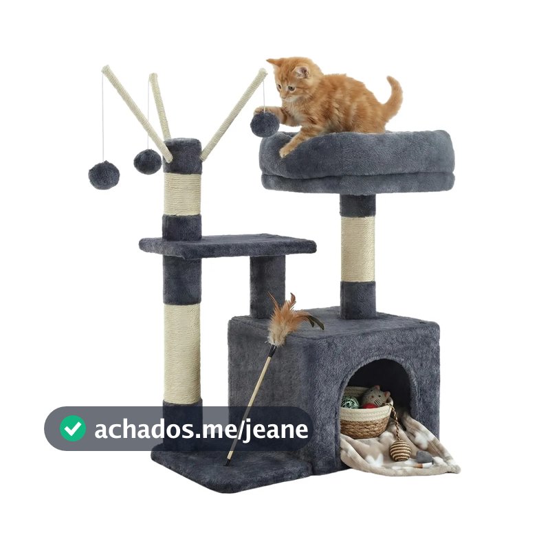 Arranhador Para Gatos Com 3 Pompoms, Casa Para Gatos Pequena Cor Cinza