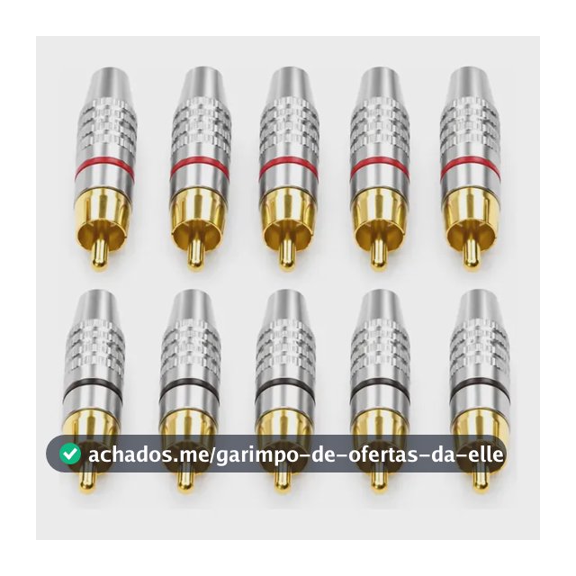 Plug RCA Macho Kit 10 Unidades Bertô Metal Niquelado Ponta Banhada a Ouro, 5 Anéis Vermelhos e 5 Pretos, Encaixe Firme, Nota 4.8 em 469 Avaliações, Ideal para Som Automotivo, Home Theater e Cabos Pers
