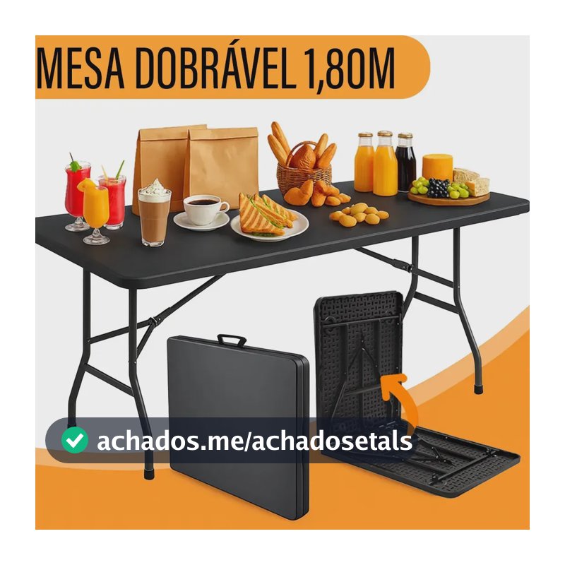 Mesa Dobrável Yab 1,80x70cm Preta Tipo Maleta Plástica Dobrável Multiuso Resistente Para Festa Buffet Camping Churrasco Jardim Área Gourmet