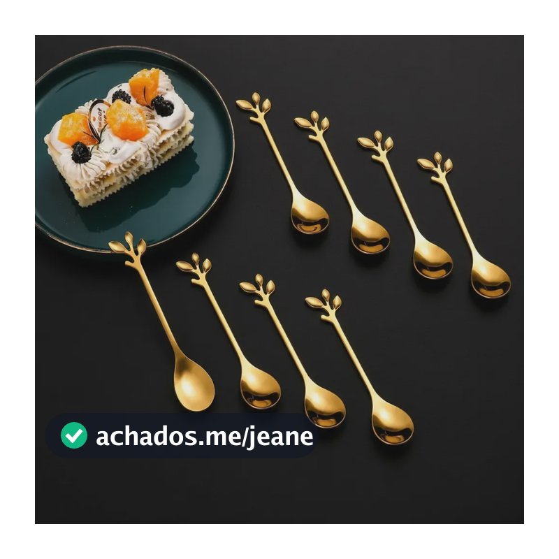 Colher De Chá Café Sobremesa Inox Kit 8 Peças Coração Folha Colher Folha Dourada