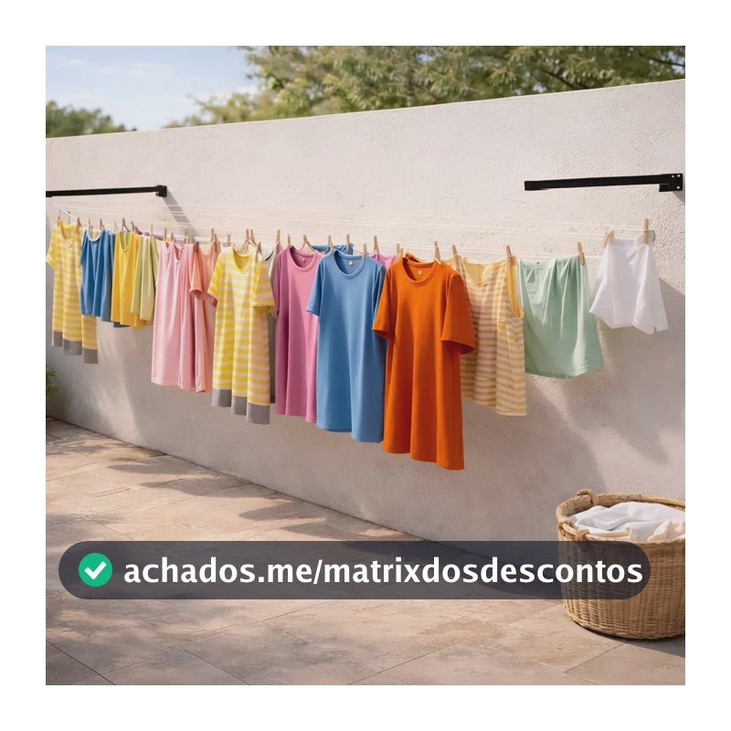Varal De Roupa Retratil Dobravel De Parede + 20m De Corda Preto