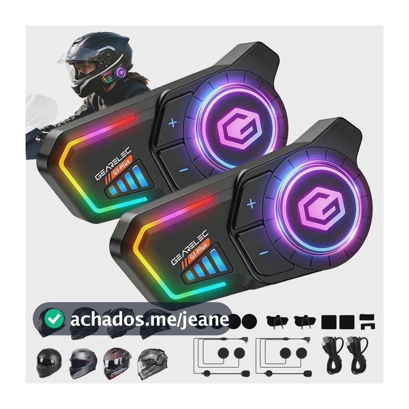 Pack 2 Intercomunicadores Gearelec G1 Plus Para Moto Com Bluetooth 5.4 e Alcance de 1 km