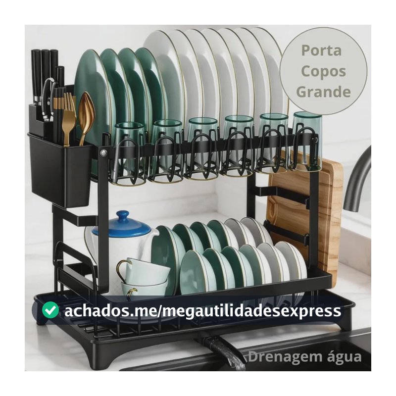 Escorredor de Louças 2 Andares Zelvi Aço Carbono Preto para Pratos Copos Talheres Organizador Pia Cozinha
