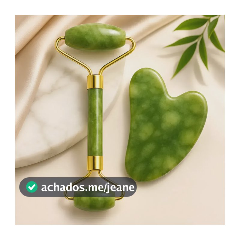 Kit Jade Roller e Gua Sha Pedra Natural Facial Massageador Anti Idade Reduz Inchaço Olheiras Drenagem Linfática Lifting Facial Skincare Rejuvenescimento Pele Black Raipe