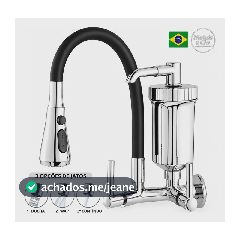 Torneira Com Filtro 3 Jatos Para Cozinha Gourmet de Parede Preta Silicone Flexível Bica Móvel 3 Jatos Modelo Moderno para Pia Água Fria