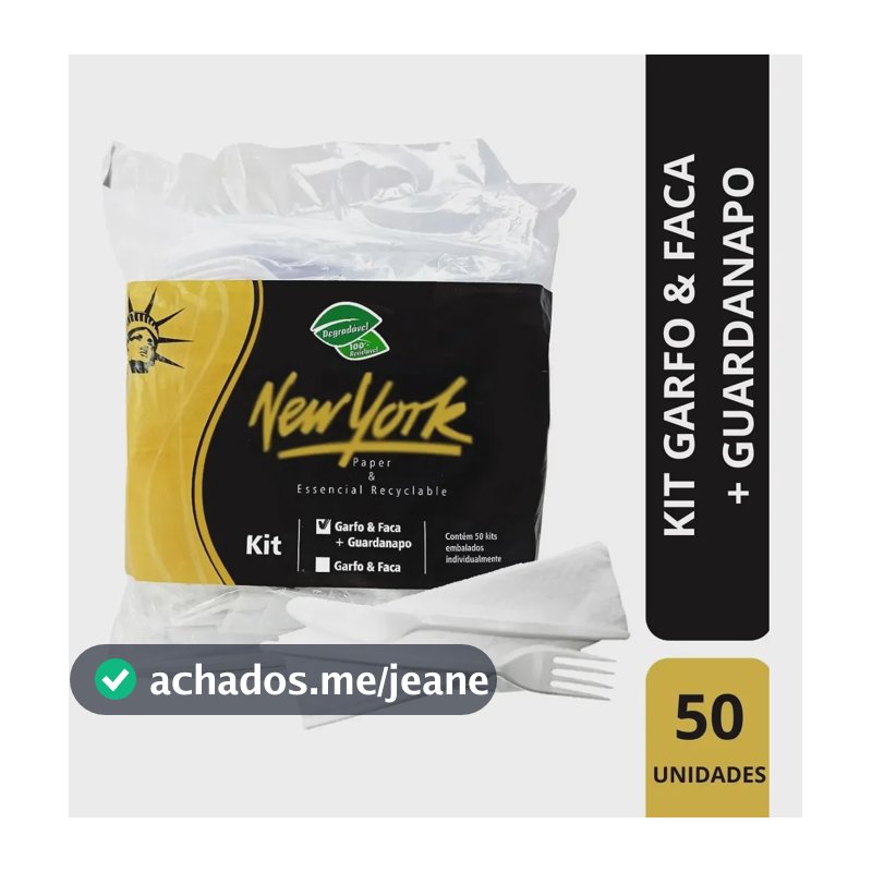 Kit Talher Descartável Garfo, Faca & Guardanapo 50 Unidades Branco