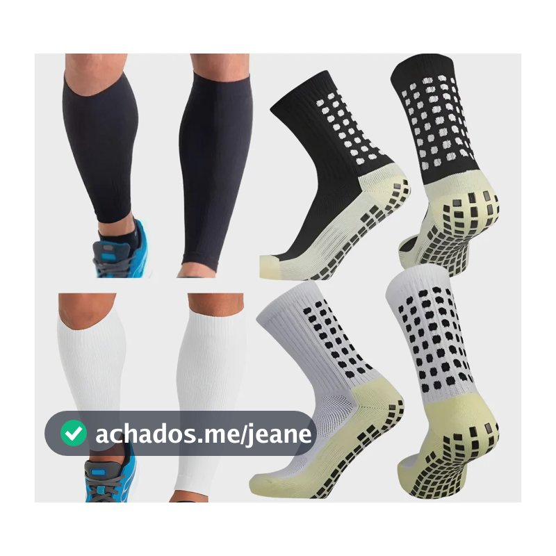 Kit com Meia Antiderrapante e Caneleira para Futebol Treino