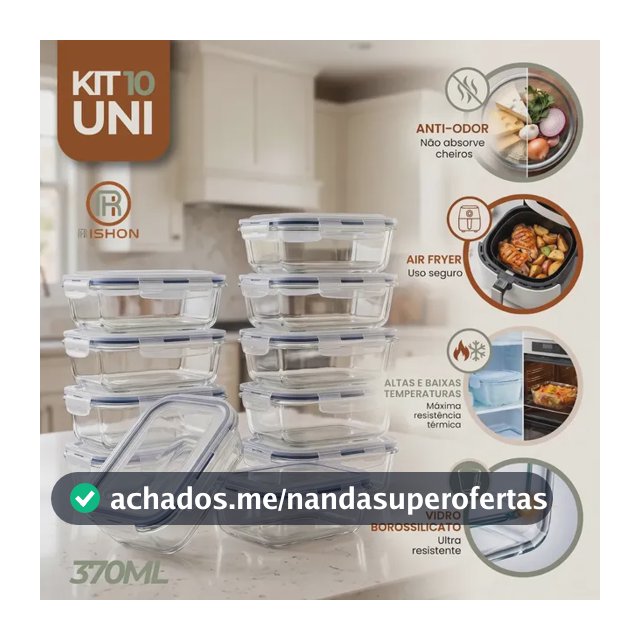 Kit 10 Pote De Vidro Marmita Hermético 370ml Freezer Fitness Rishon