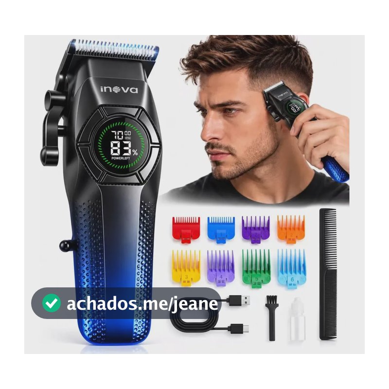 Máquina de Cortar Cabelo Inova Profissional Sem Fio Recarregável 7000 RPM, Lâmina Cerâmica, Display LED, 2000mAh, 8 Pentes, USB-C