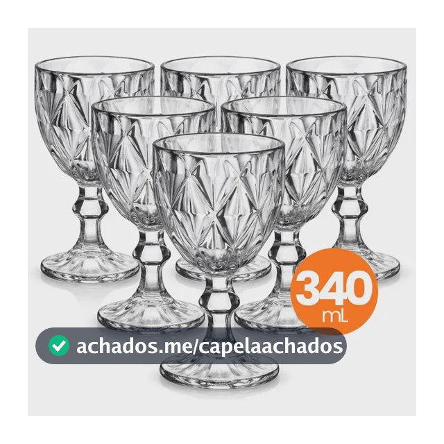 Jogo 6 Taças Vidro Diamond 340ml Conjunto Mesa Posta Água Suco Cozinha Decoração Presente