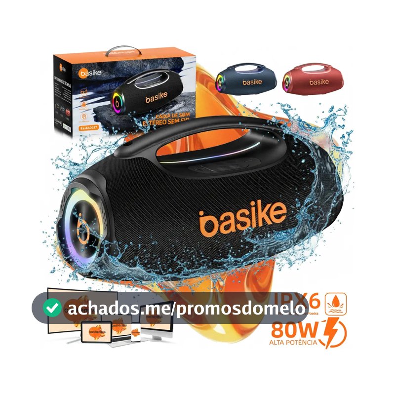 Basike Caixa de Som Portátil Com Bluetooth Boombox 80W 8000Mah 10hrs Sem fio IPX6 À Prova D'água Com Bateria Recarregavel Luz RGB Hifi TWS Bass Forte Áudio de Alta Qualid Para TV Festa Casa Subwoofer
