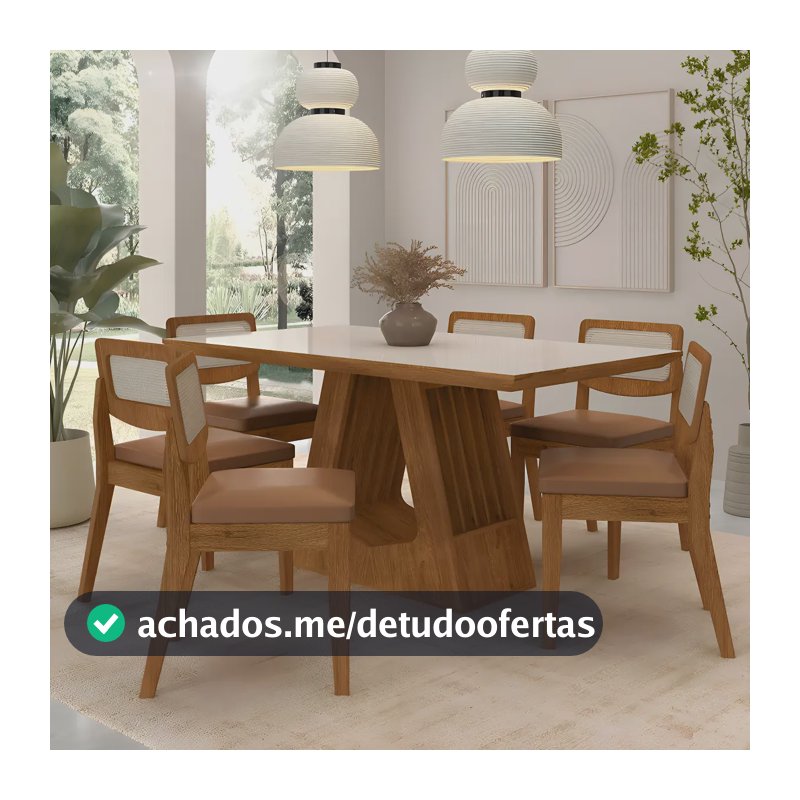 Conjunto de Jantar A Móveis Arapongas Santiago com 6 Cadeiras e Mesa Retangular de 160cm - Freijó/Off Premium e Corino Caramelo