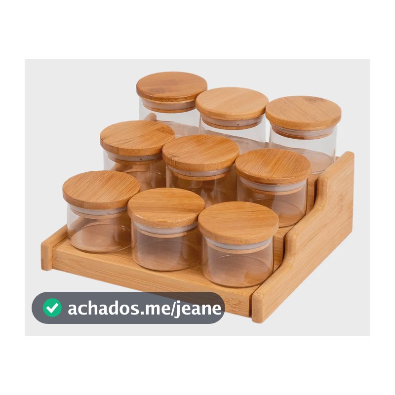Kit 9 Potes Hermético 110ml Tampa Bambu E Rack Bambu Oikos Cor Marrom-claro