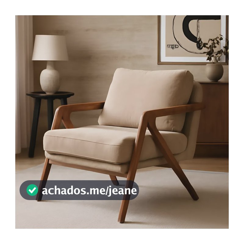 Poltrona Decorativa Mona Luxo Madeira Maciça Linho Premium Bege Liso