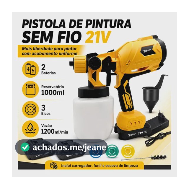 Pistola De Pintura Sem Fio 21v Hvlp 1000ml 3 Bicos 2 Bateria Amarelo 127/220v