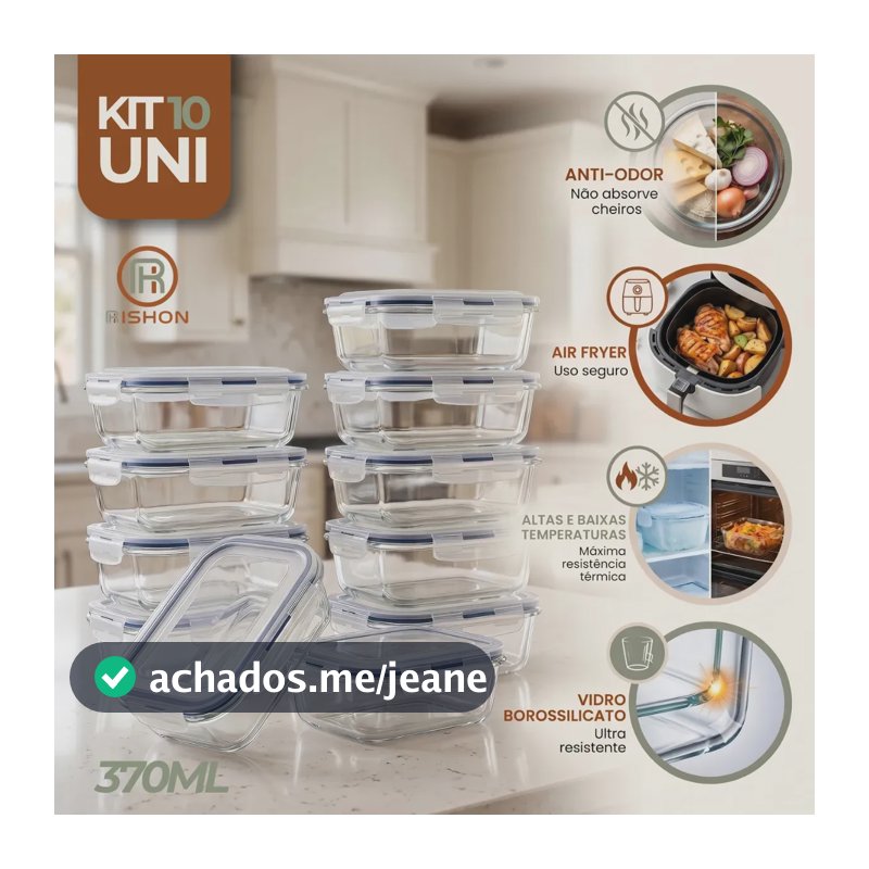 Kit 10 Pote De Vidro Marmita Hermético 370ml Freezer Fitness Rishon