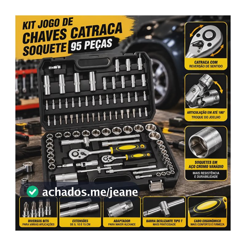 Kit Jogo De Ferramenta 95 Peças Mecanico Soquete Aço Catraca Preto