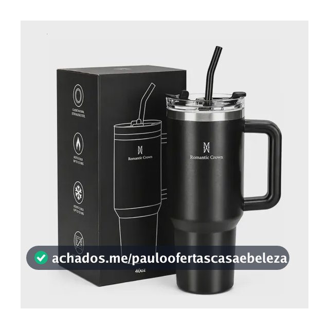 Copo Térmico Gigante 1,2l Inox Com Tampa E Inox Canudo Cor Preto Cor Pura / Material Fosco