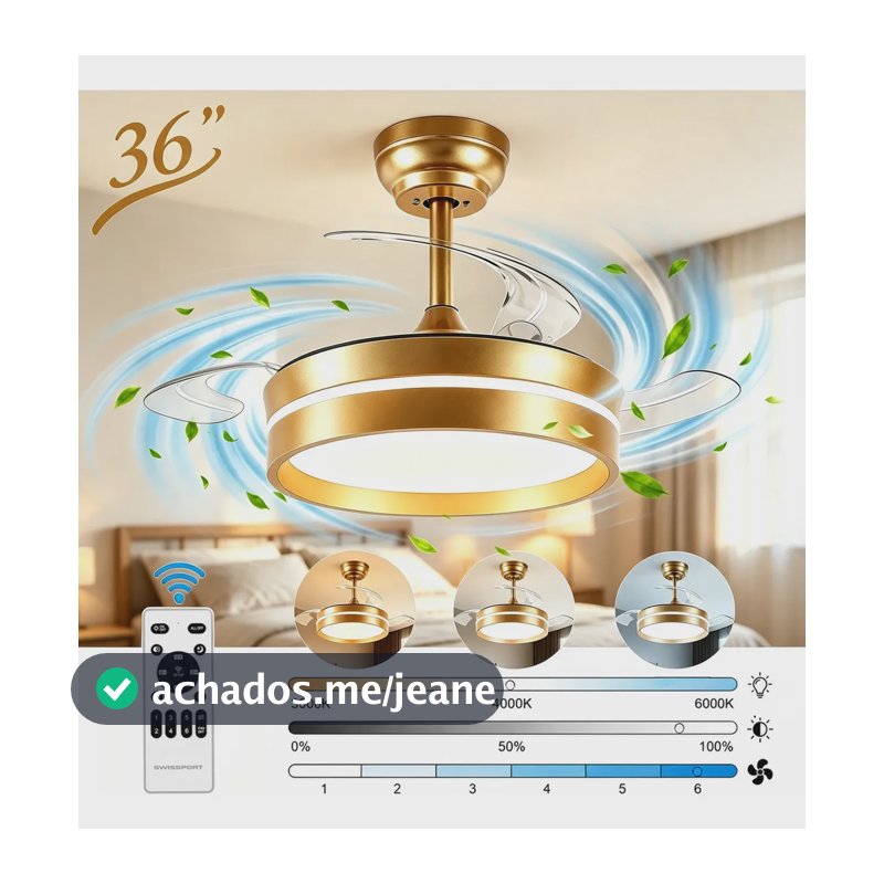 Ventilador Teto Retratil 92cm Led 127/220v Bivolt Silencioso 92 Cm 50/60 Hz Dourado-escuro 127/220v Transparente Policarbonato 3