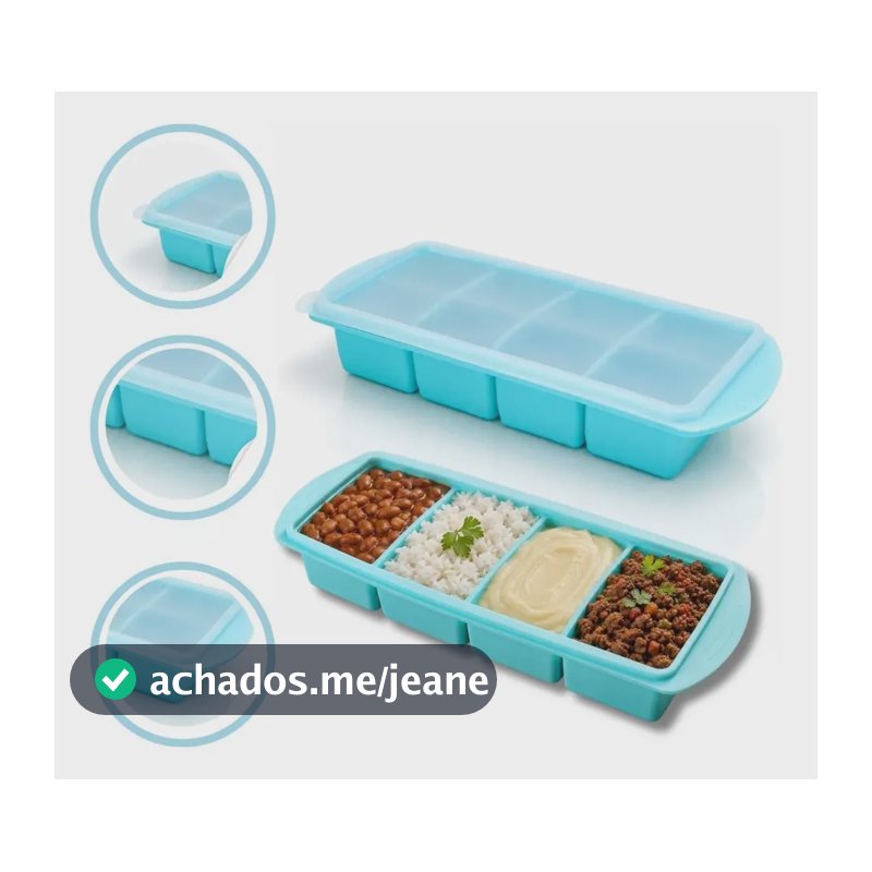 Forma De Silicone P/congelar Alimentos 4 Divisórias Marmita Azul Celeste