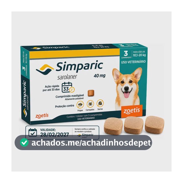 Simparic 40mg 3 Comp. Antipulgas Carrapatos Cães 10,1 A 20kg Marrom