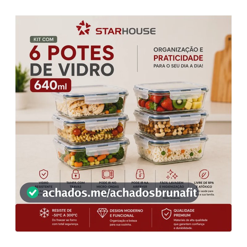 Kit 6 Potes 640ml Vidro Hermético 4 Travas Marmita Refratario Star House com 4 travas de super vedação