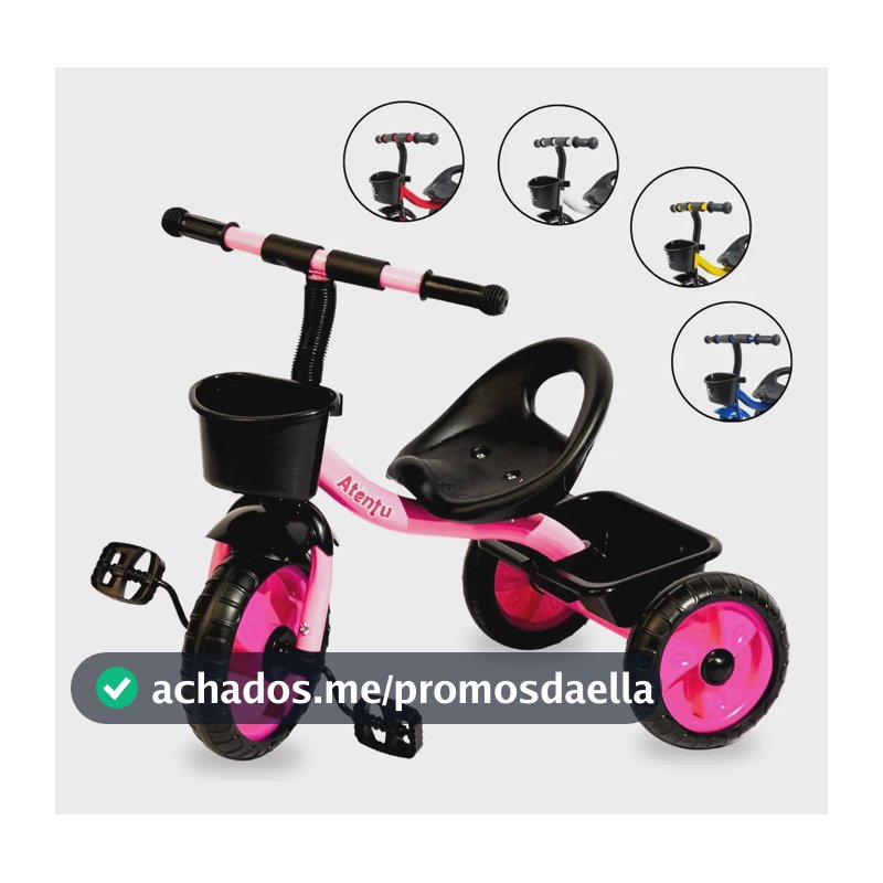 Brinquedo triciclo de 3 rodas para crianças com cesto de bolhas rosa chiclete Atentu triciclo infantil motoca