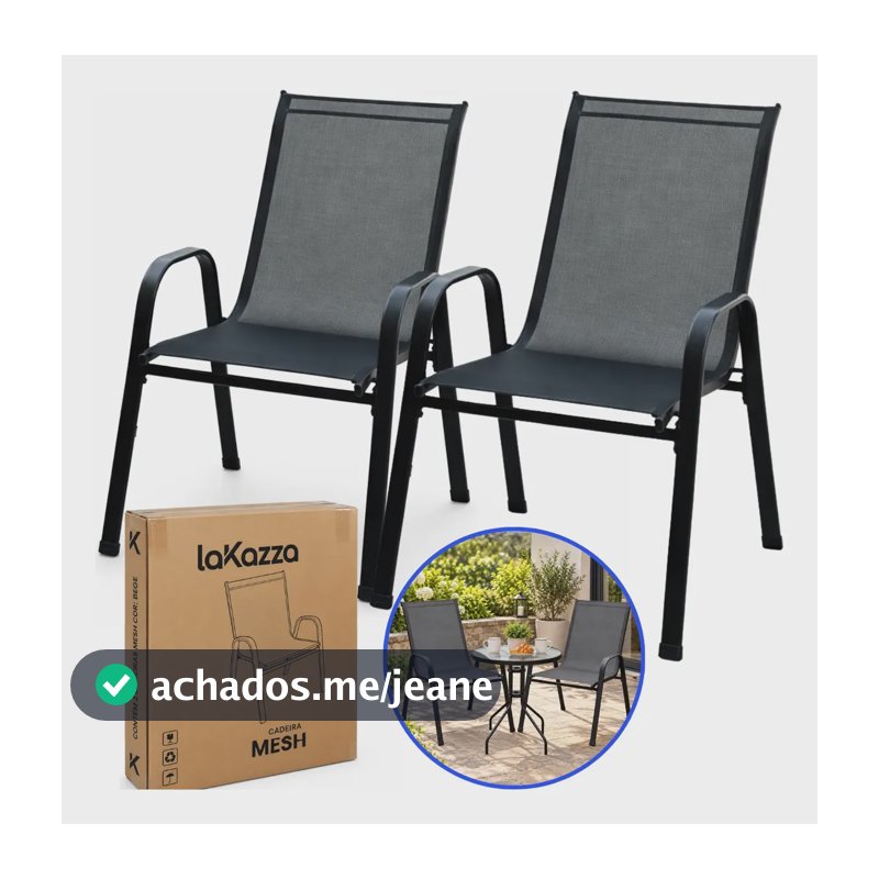 Kit 2 Cadeira Área Externa Varanda Aço Resistente Sol Chuva Preto Tela Mesh Sling