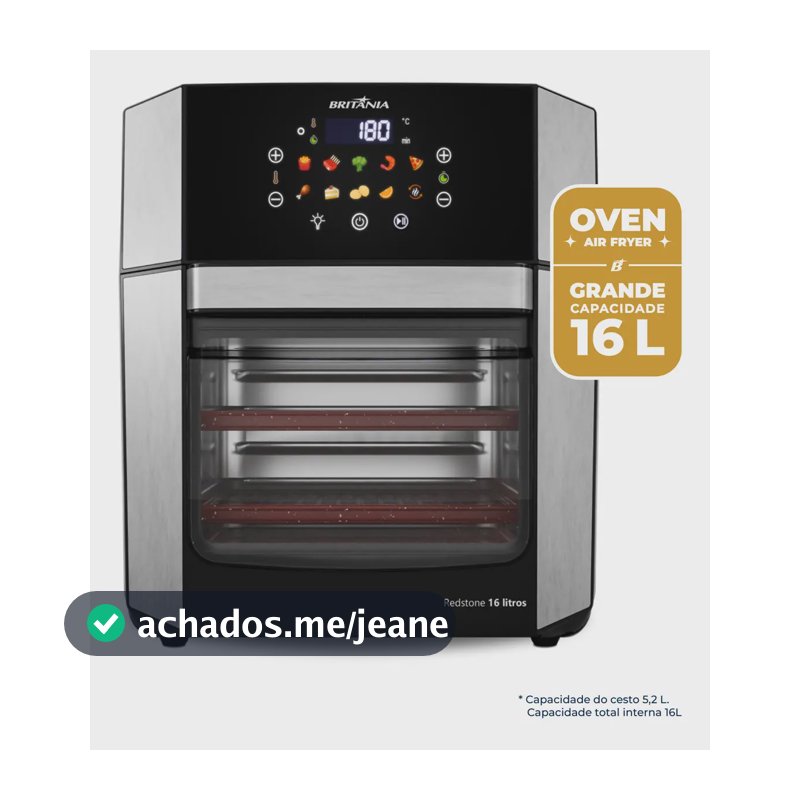 Air Fryer Oven Britânia 16L 4 Em 1 com 10 Funções Painel Digital Redstone BAF16A