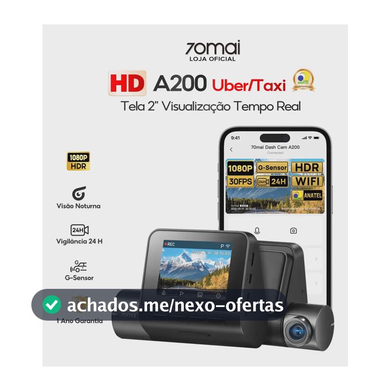 Câmera Veicular Automotiva 70mai A200 2'' Tela HD 1080P Hdr Wifi 60fps Ângulo 130 Camera para Carro 24h Visão Noturna com App G-sensor Vigilância de Estacionamento 24H Gravação de Emergência