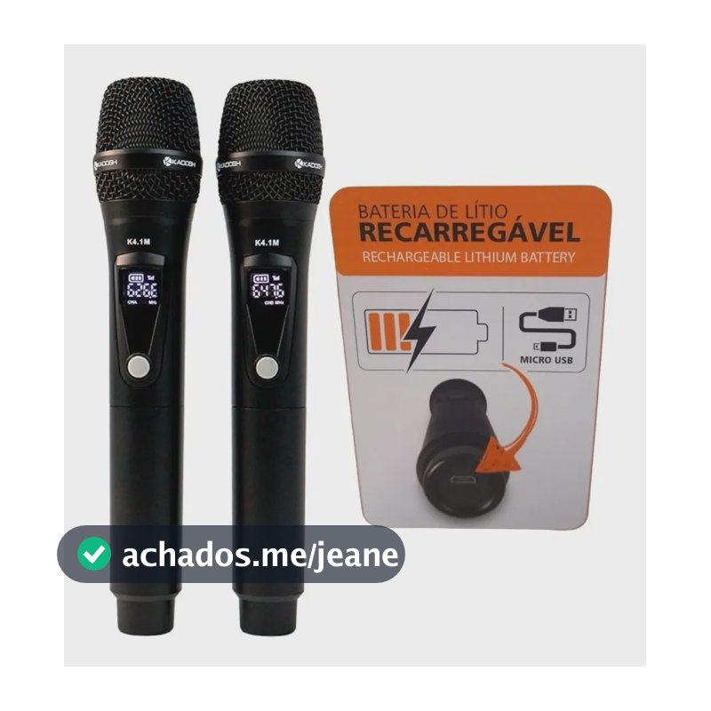 Microfone Sem Fio Duplo Kadosh K-412M UHF Bateria Recarregável USB 2 Bastões Profissional
