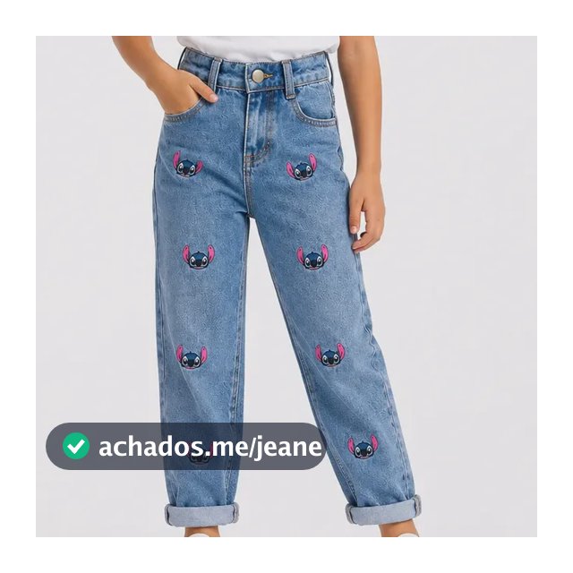 Calça Meninas Wide Leg Algodão Cintura Alta Estampada Stitch