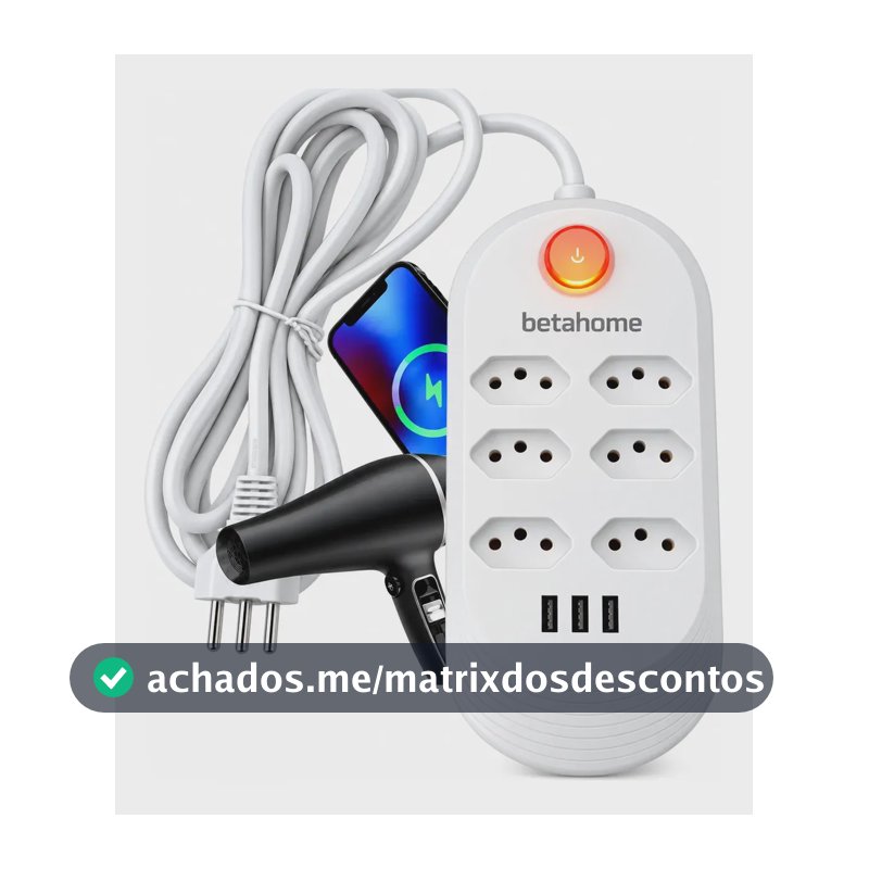Filtro de Linha Betahome com 6 Tomadas e 3 USB para 2500W Bivolt