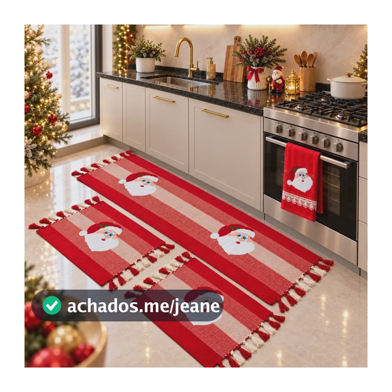 Kit Tapete Cozinha Passadeira Natal + Toalha Papai Noel 4pçs 70 Cm 45 M Vermelho