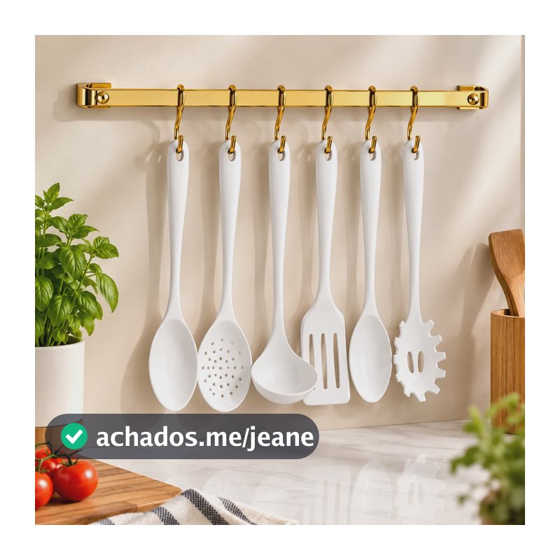 Barra De Utensilios Cozinha 45cm 6 Ganchos Dourada Future 24 Dourado