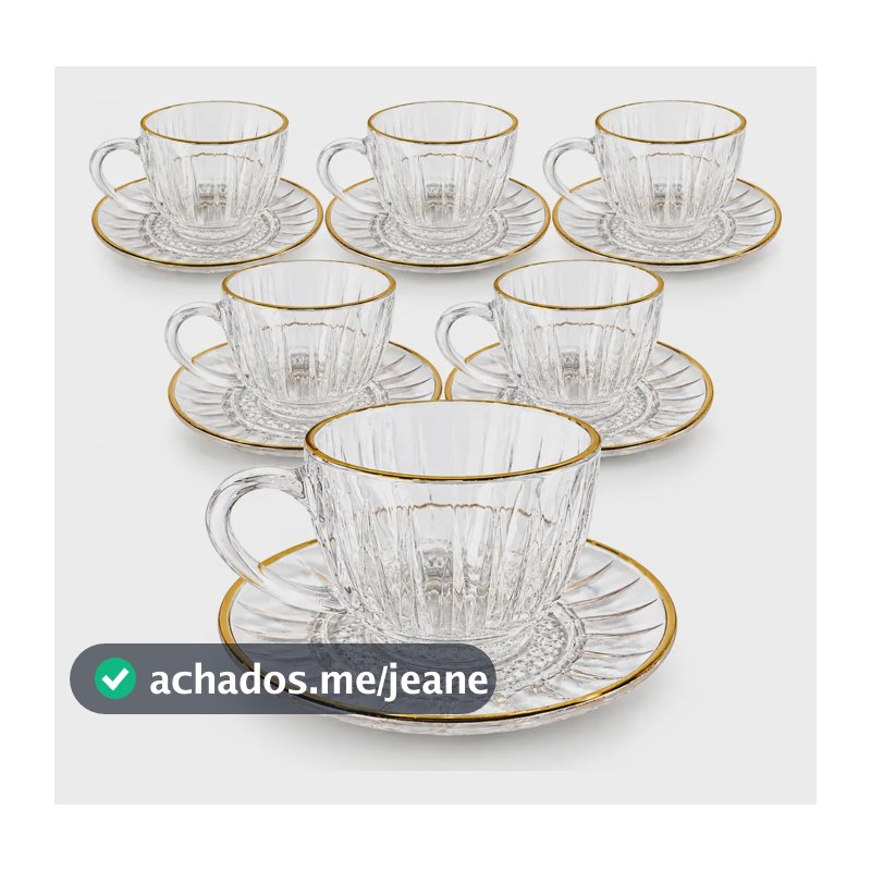 Jogo 8 Peças C 4 Xícaras Chá 200ml Pires Vidro Borda Dourada Transparente Transparente Com Dourado Borda Fio Dourado