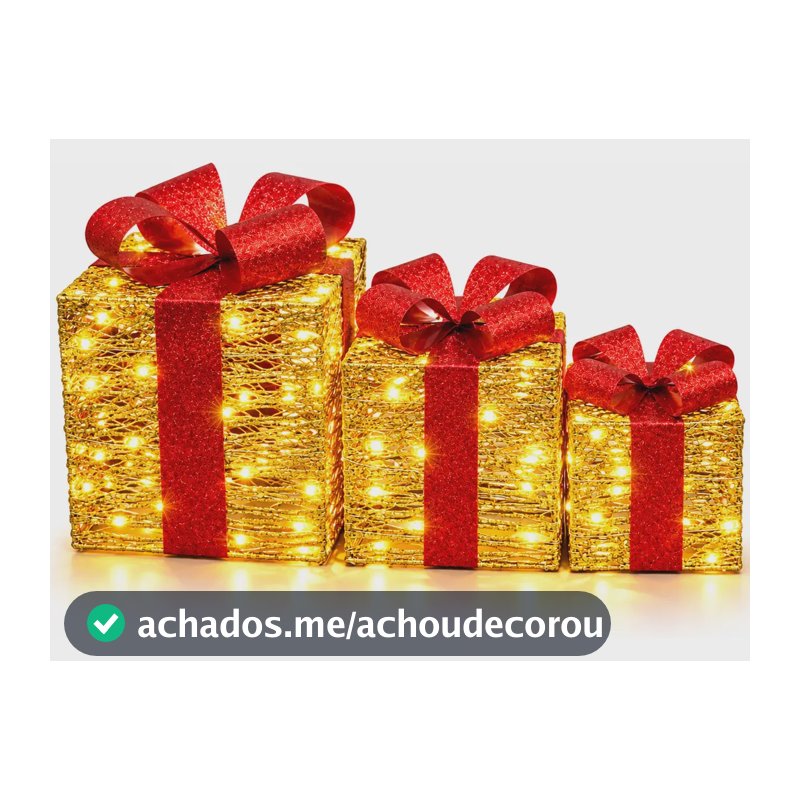 Kit 3 Presentes De Natal Natalino Com Led Branco Quente Dourado Lisa