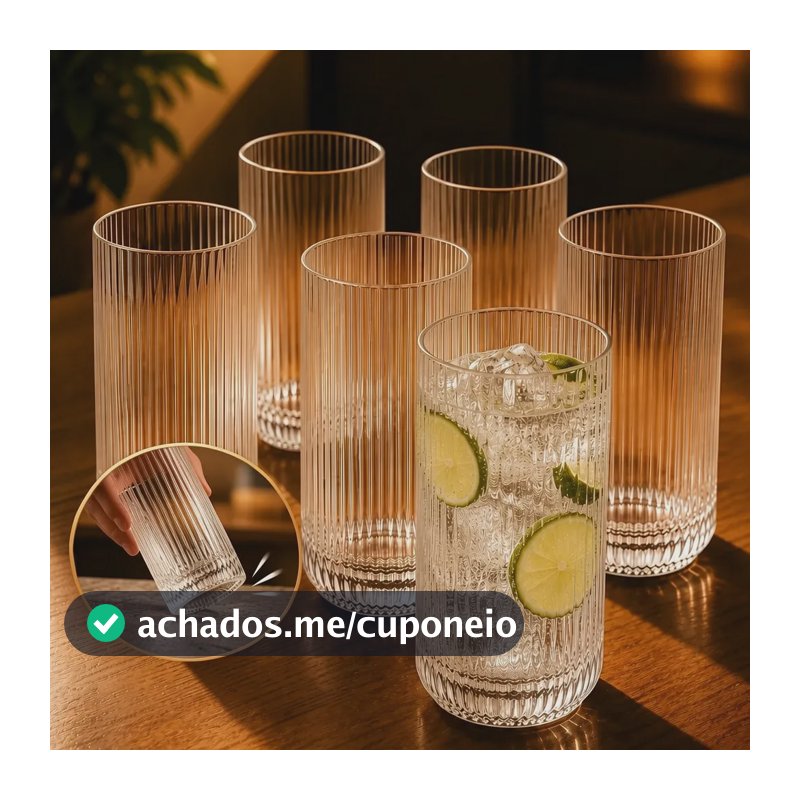 Jogo 6 Copos De Vidro Grosso Canelado 430ml Água Suco Luxo Incolor