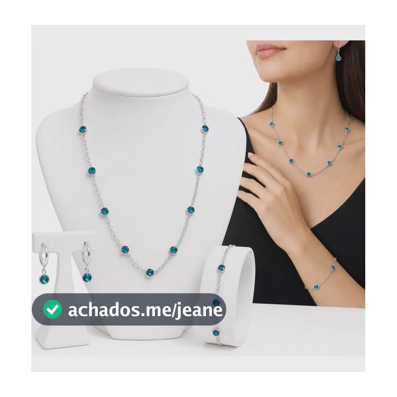 Kit Colar Cordão Com Pulseira + Brinco Argola Azul Prata 925 Azul-turquesa