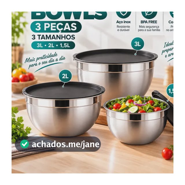 Kit3 Conjunto Pote Tigela Bowls Inox Com Tampa Hermética Prateado